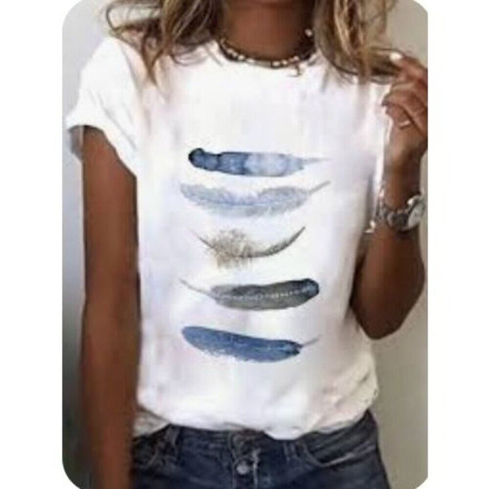 Watercolor Feather Graphic Casual T-shirt Women's Size XL Feather Print Short Sl - Picture 2 of 6